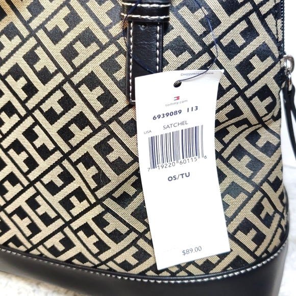 NWT Tommy Hilfiger Black and Tan In Signature Canvas Print Satchel - Picture 3 of 12
